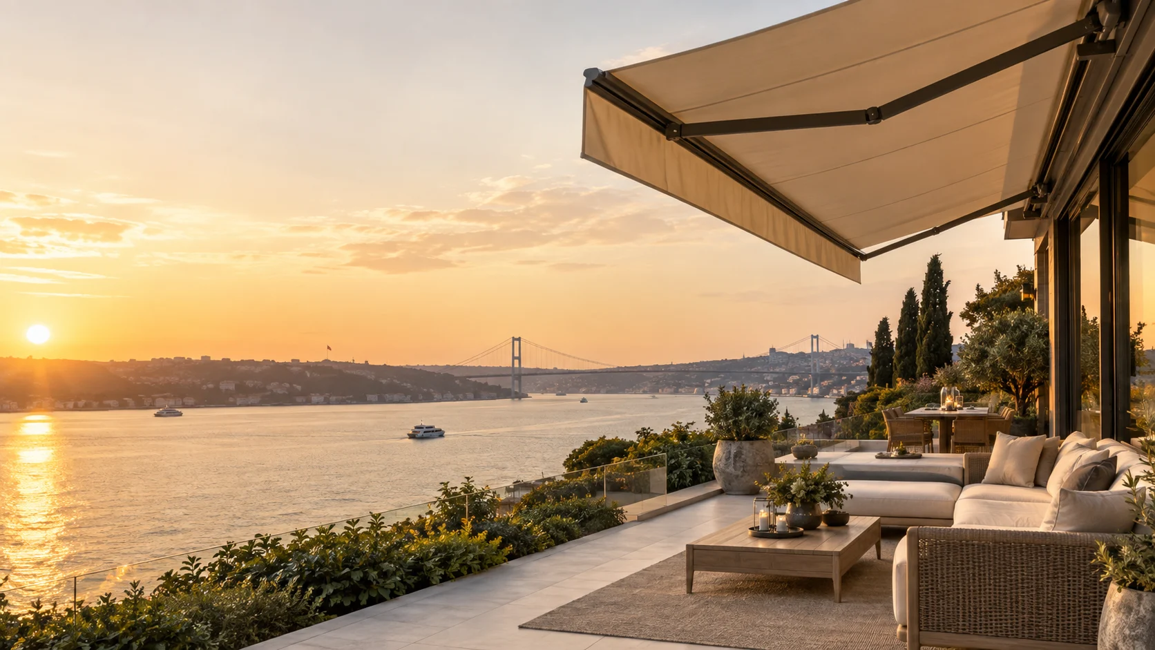 Boğaz manzarasına açılan modern tente ve teras